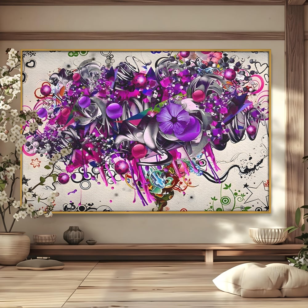Tablou canvas cu tablou canvas cu flori mov si inimi, in rama de aluminiu auriu